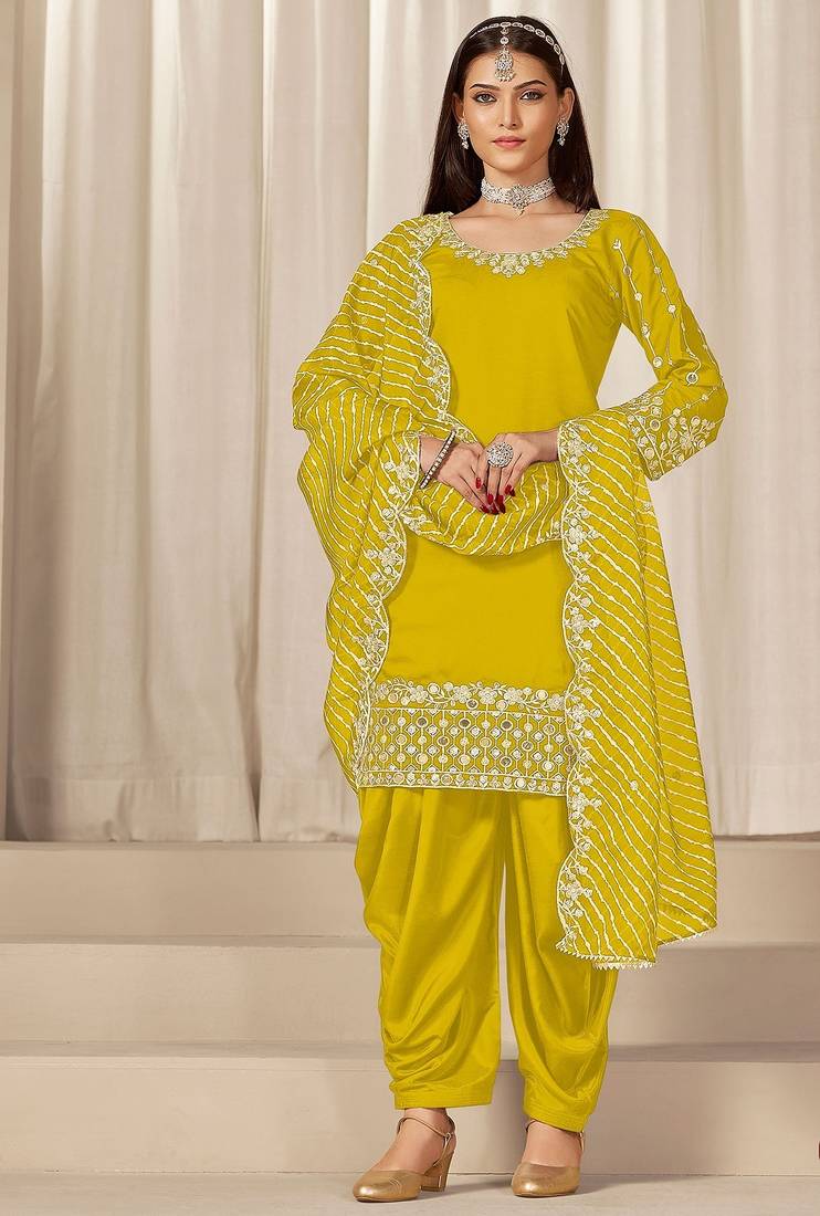 Yellow roman silk zari embroidery work glass & sequins semi stitched suit size up to 42