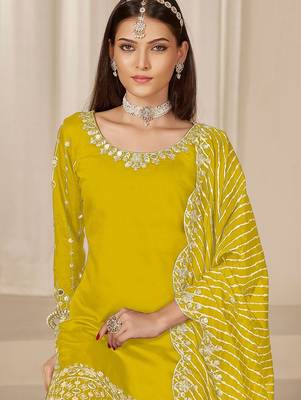 Yellow roman silk zari embroidery work glass & sequins semi stitched suit size up to 42 2