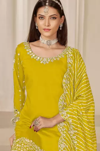 Yellow roman silk zari embroidery work glass & sequins semi stitched suit size up to 42