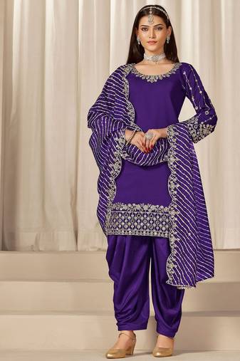 Purple roman silk zari embroidery work glass & sequins semi stitched suit size up to 42