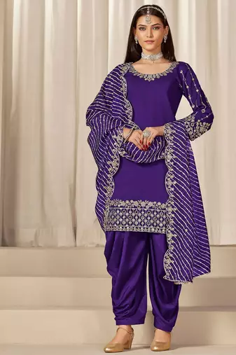 Purple roman silk zari embroidery work glass & sequins semi stitched suit size up to 42