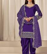 Purple roman silk zari embroidery work glass & sequins semi stitched suit size up to 42