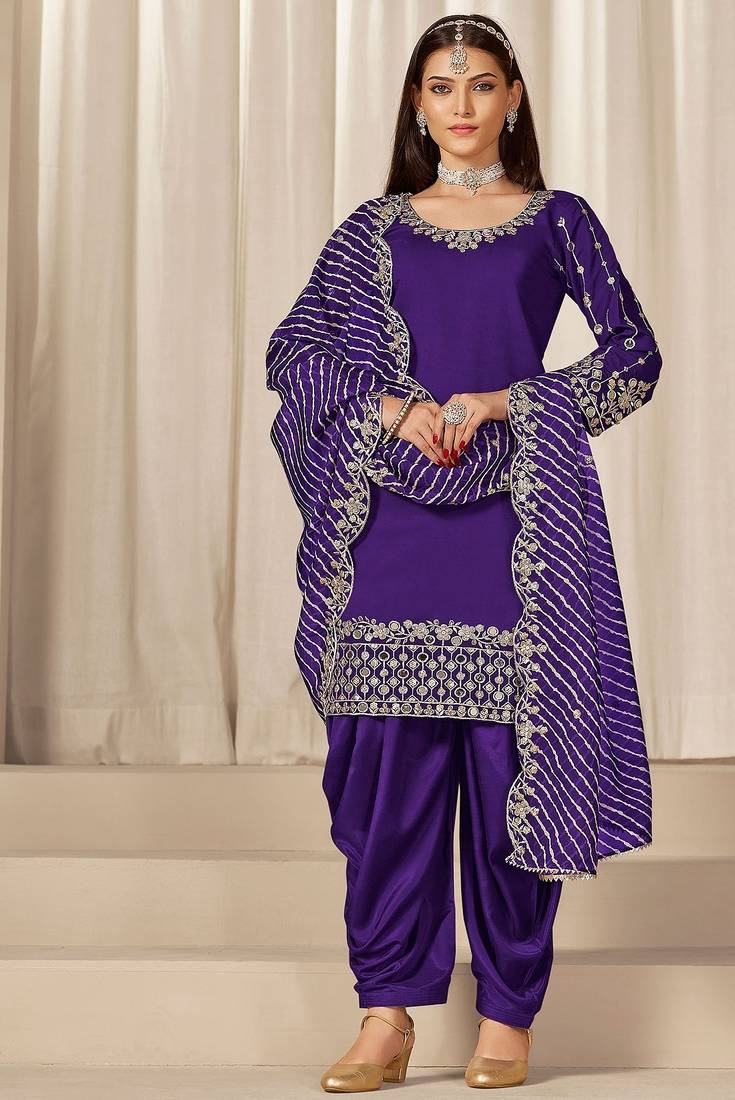 Purple roman silk zari embroidery work glass & sequins semi stitched suit size up to 42