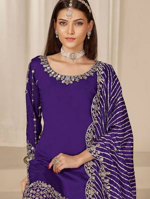 Purple roman silk zari embroidery work glass & sequins semi stitched suit size up to 42 2