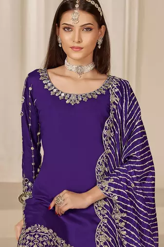 Purple roman silk zari embroidery work glass & sequins semi stitched suit size up to 42