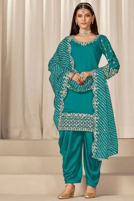 Blue roman silk zari embroidery work glass & sequins semi stitched suit size up to 42 1