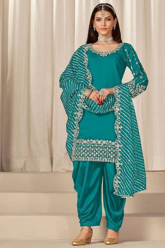 Blue roman silk zari embroidery work glass & sequins semi stitched suit size up to 42