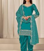 Blue roman silk zari embroidery work glass & sequins semi stitched suit size up to 42