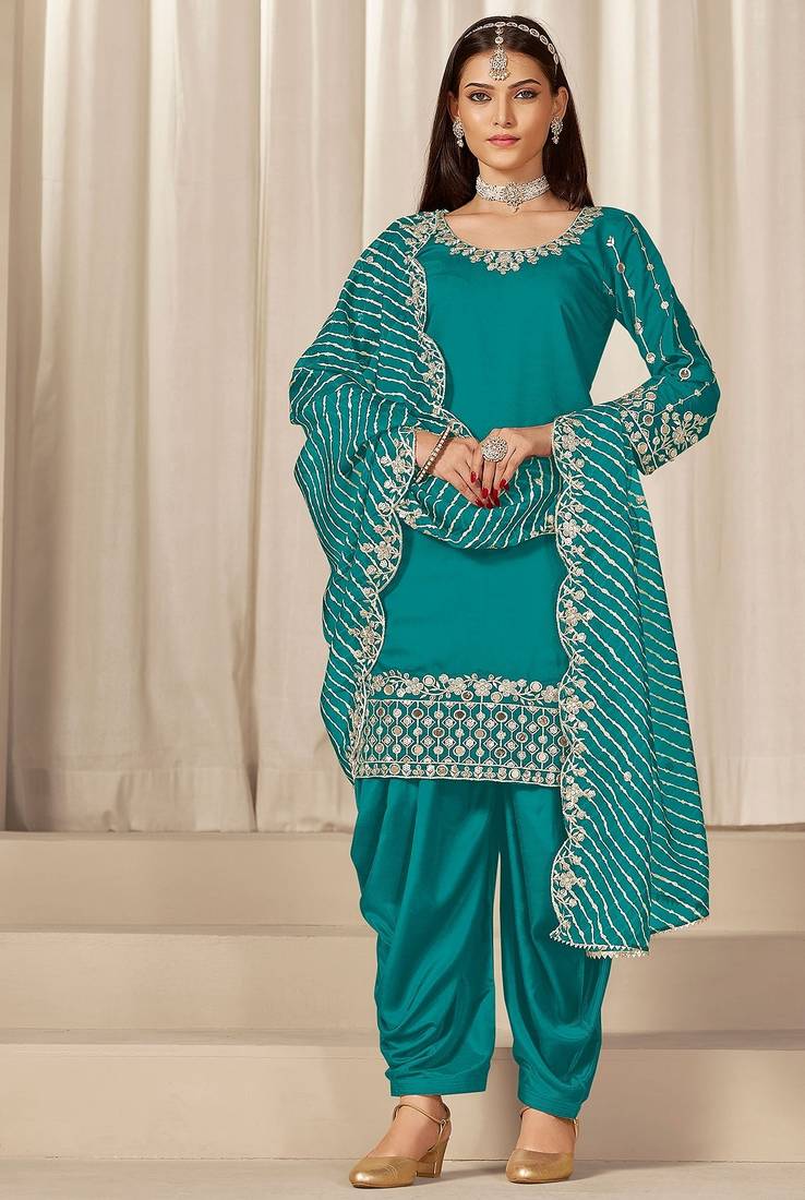 Blue roman silk zari embroidery work glass & sequins semi stitched suit size up to 42