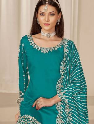 Blue roman silk zari embroidery work glass & sequins semi stitched suit size up to 42 2