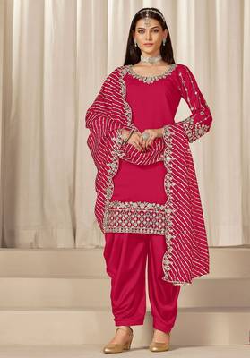 Red roman silk zari embroidery work glass & sequins semi stitched suit size up to 42 1
