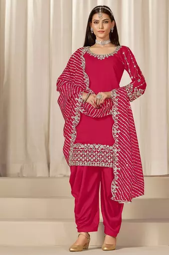 Red roman silk zari embroidery work glass & sequins semi stitched suit size up to 42