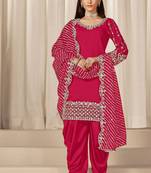 Red roman silk zari embroidery work glass & sequins semi stitched suit size up to 42