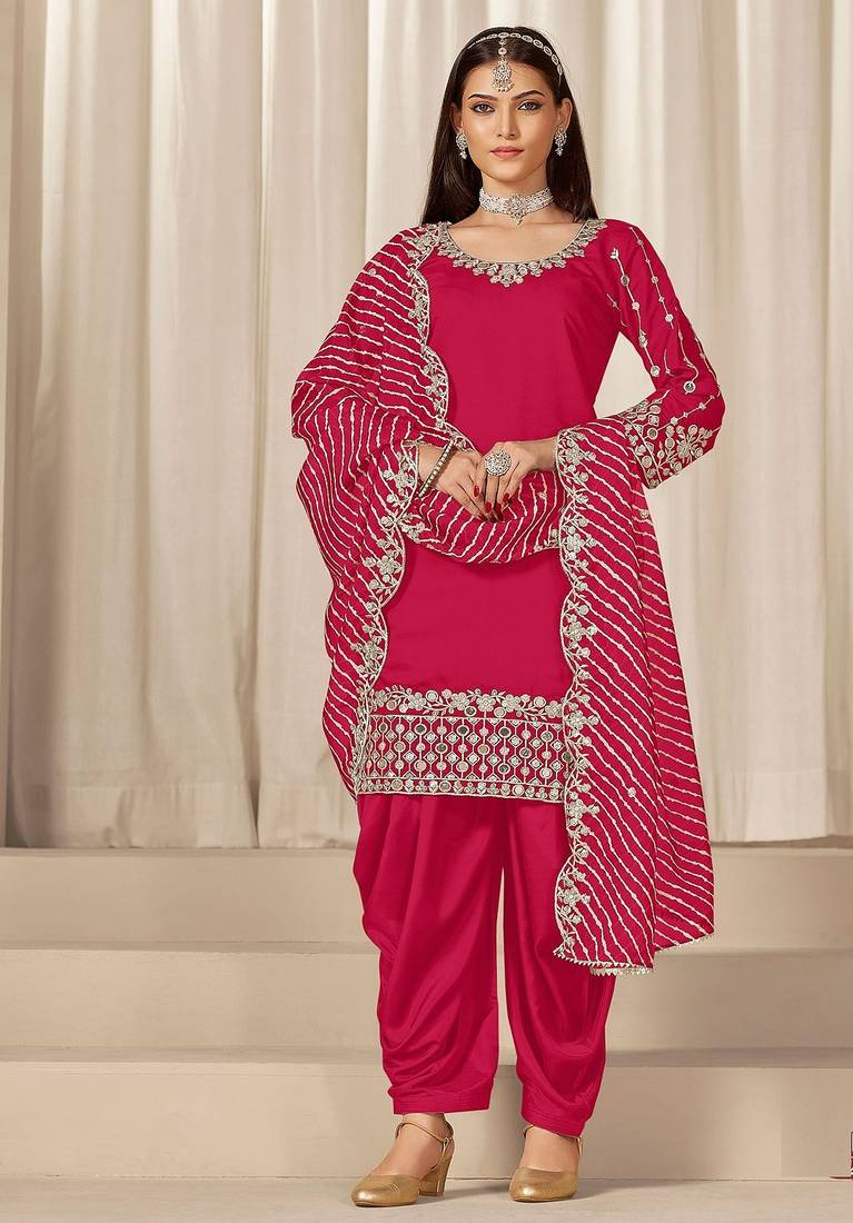 Red roman silk zari embroidery work glass & sequins semi stitched suit size up to 42