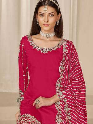 Red roman silk zari embroidery work glass & sequins semi stitched suit size up to 42 2
