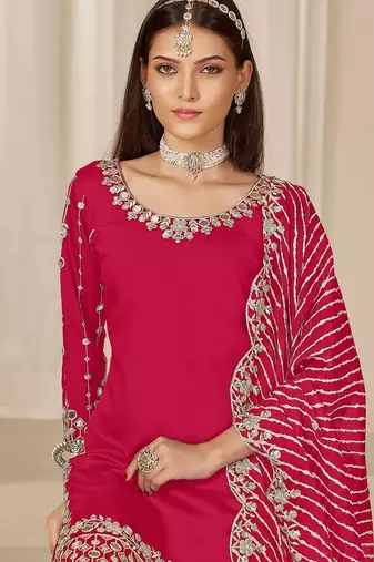 Red roman silk zari embroidery work glass & sequins semi stitched suit size up to 42