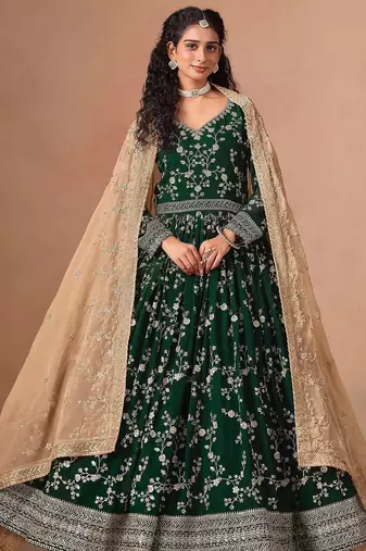 Green georgette zari embroidery & sequins semi stitched suit size up to 42