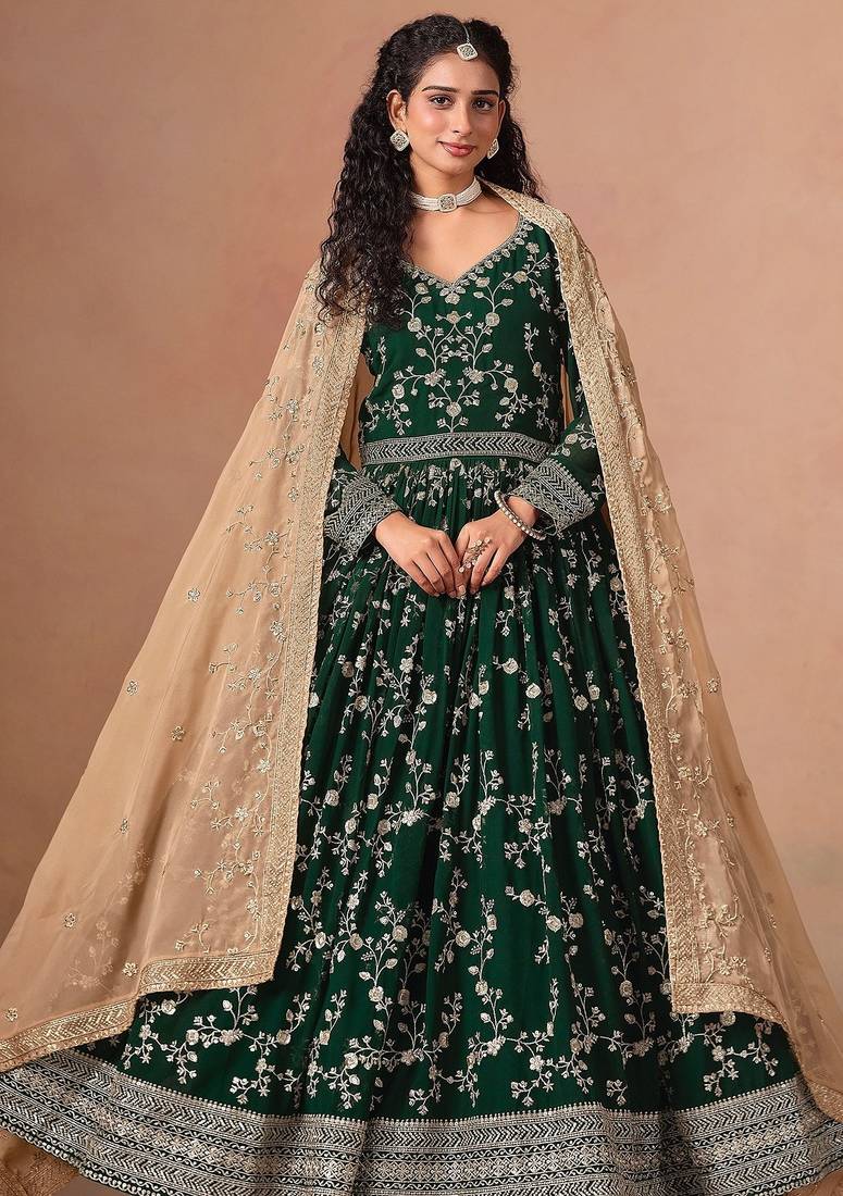 Green georgette zari embroidery & sequins semi stitched suit size up to 42
