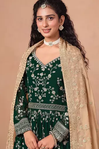 Green georgette zari embroidery & sequins semi stitched suit size up to 42