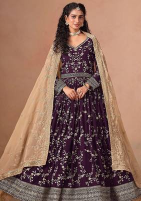 Wine georgette zari embroidery & sequins semi stitched suit size up to 42 1