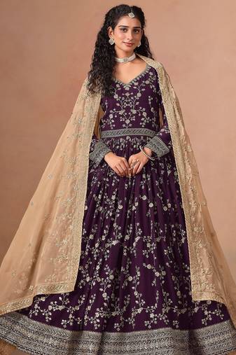 Wine georgette zari embroidery & sequins semi stitched suit size up to 42