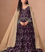 Wine georgette zari embroidery & sequins semi stitched suit size up to 42