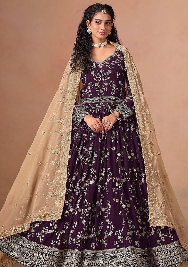 Wine georgette zari embroidery & sequins semi stitched suit size up to 42
