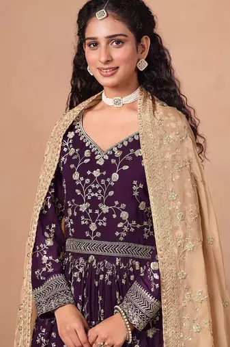 Wine georgette zari embroidery & sequins semi stitched suit size up to 42