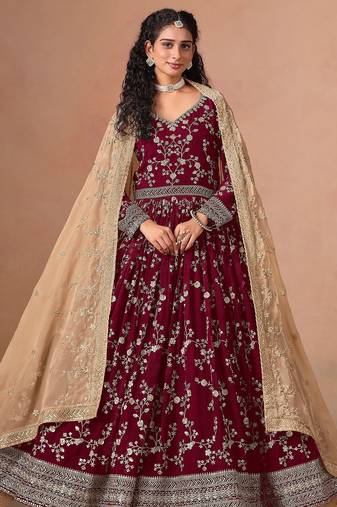 Maroon georgette zari embroidery & sequins semi stitched suit size up to 42