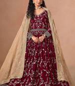 Maroon georgette zari embroidery & sequins semi stitched suit size up to 42