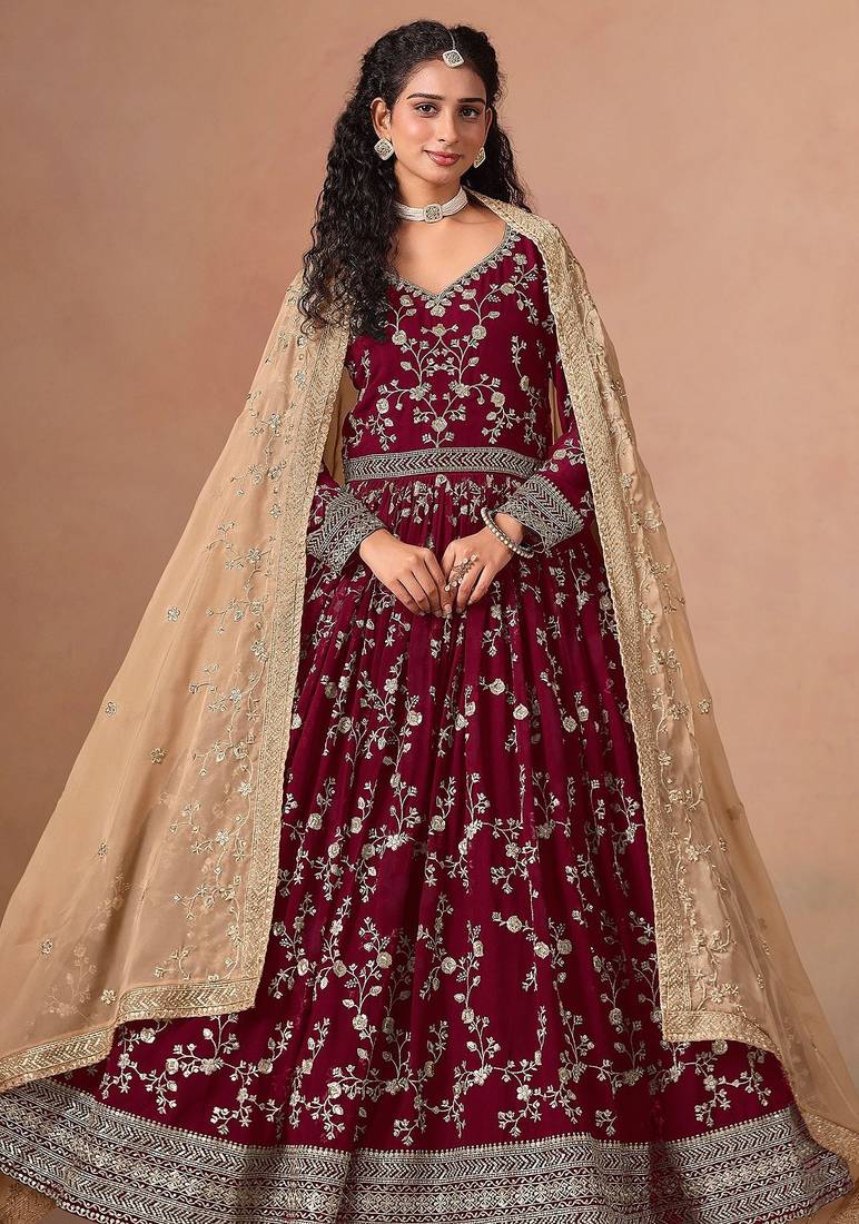 Maroon georgette zari embroidery & sequins semi stitched suit size up to 42