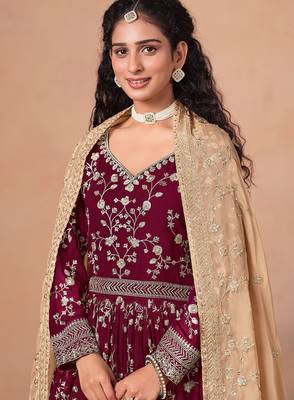 Maroon georgette zari embroidery & sequins semi stitched suit size up to 42 2