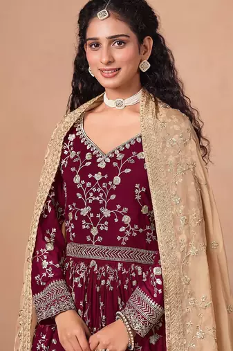 Maroon georgette zari embroidery & sequins semi stitched suit size up to 42
