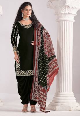 Black roman silk zari embroidery sequins mirror & printed dupatta semi stitched suit size up to 42 1