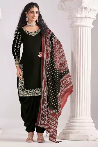 Black roman silk zari embroidery sequins mirror & printed dupatta semi stitched suit size up to 42