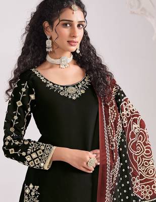 Black roman silk zari embroidery sequins mirror & printed dupatta semi stitched suit size up to 42 2