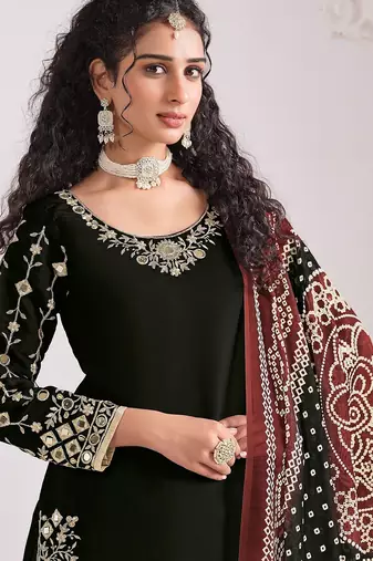 Black roman silk zari embroidery sequins mirror & printed dupatta semi stitched suit size up to 42