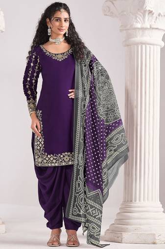 Purple roman silk zari embroidery sequins mirror & printed dupatta semi stitched suit size up to 42