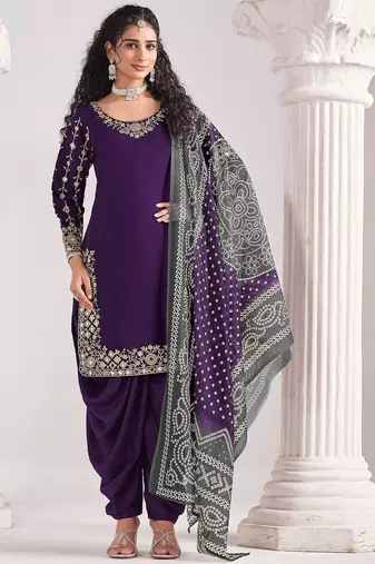 Purple roman silk zari embroidery sequins mirror & printed dupatta semi stitched suit size up to 42
