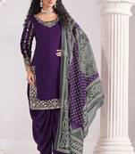 Purple roman silk zari embroidery sequins mirror & printed dupatta semi stitched suit size up to 42