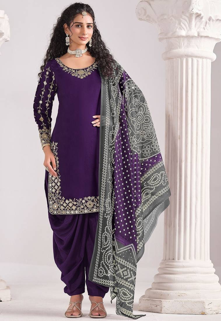Purple roman silk zari embroidery sequins mirror & printed dupatta semi stitched suit size up to 42