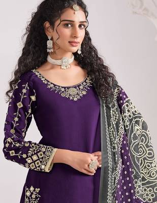 Purple roman silk zari embroidery sequins mirror & printed dupatta semi stitched suit size up to 42 2