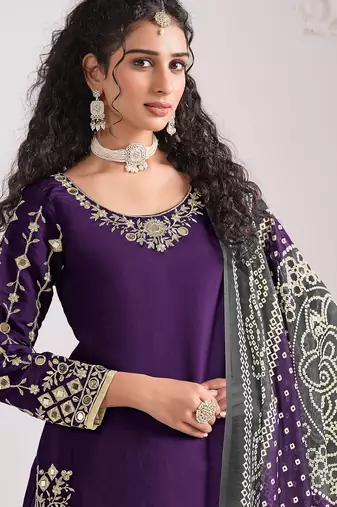 Purple roman silk zari embroidery sequins mirror & printed dupatta semi stitched suit size up to 42