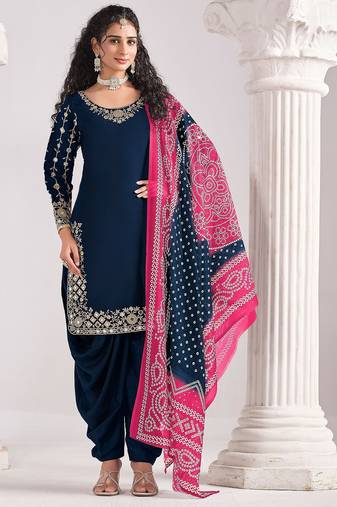 Navy blue roman silk zari embroidery sequins mirror & printed dupatta semi stitched suit size up to 42