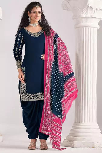 Navy blue roman silk zari embroidery sequins mirror & printed dupatta semi stitched suit size up to 42