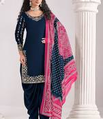 Navy blue roman silk zari embroidery sequins mirror & printed dupatta semi stitched suit size up to 42