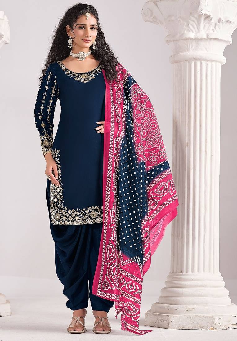 Navy blue roman silk zari embroidery sequins mirror & printed dupatta semi stitched suit size up to 42