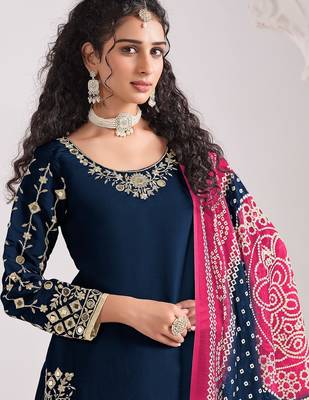Navy blue roman silk zari embroidery sequins mirror & printed dupatta semi stitched suit size up to 42 2
