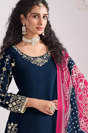 Navy blue roman silk zari embroidery sequins mirror & printed dupatta semi stitched suit size up to 42