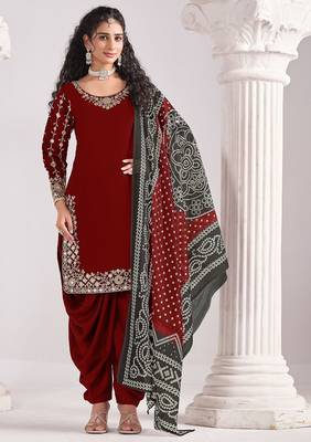Maroon roman silk zari embroidery sequins mirror & printed dupatta semi stitched suit size up to 42 1